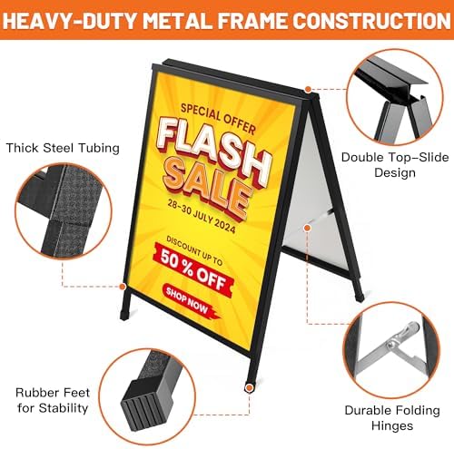 A-Frame Sidewalk Sign 22x28 Inch, Heavy Duty Metal A Frame Sign Holder, Double-Sided Folding Sandwich Board Sign, Slide-In Poster Design, Outdoor & Indoor Sidewalk Sign for Restaurants & Retail