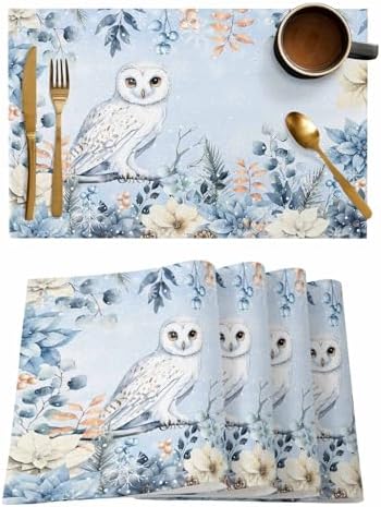 Blue Christmas Placemats Set of 4, Winter Snowy Owl Poinsettia Eucalyptus Leaves Heat Resistant Washable Table Place Mats Cotton Table Linens Party Holiday Decor for Kitchen Dining Outdoor Indoor
