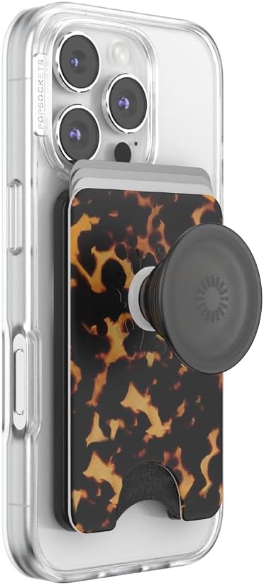 PopSockets Phone Wallet for MagSafe with Grip- Tortoiseshell | PopWallet, Holds 3 Cards, Magnetic, Removable, Secure, Tortoise, Shell, Phone, Women
