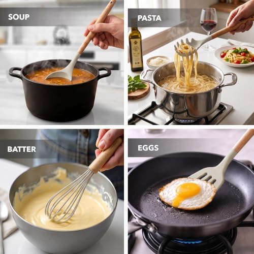 OVENTE Silicone Cooking Utensils Set, 17pcs, Heat Resistant, Cream SPS17CR