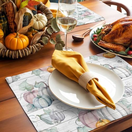 Watercolor Fall Pumpkins Thanksgiving Placemats Set of 6, Harvest Farm Grey Vintage Wood Cotton Linen Stain Resistant Table Mats Washable Placemat Decoration For Kitchen Dining Table