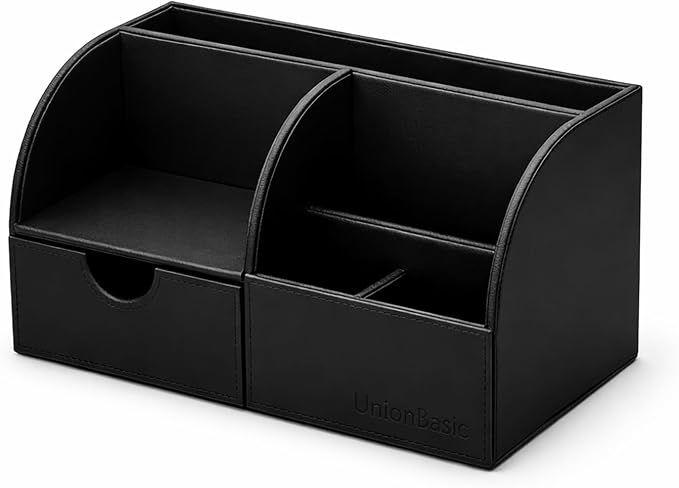 UnionBasic Desk Organizer - Multifunctional Leather Desktop Pen Holder Storage Box - Business Card/Pen/Pencil/Mobile Phone/Stationery Holder, Black