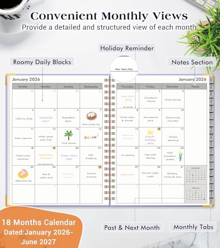 Academic Planner 2026-2027, Weekly and Monthly Hardcover Planner, July 2026 - June 2027, 5.75" x 8.38" A5 Large Daily Calendar Planner Book with Tabs, Spiral Yearly Agenda Organizer Notebook for School Work Home, Purple