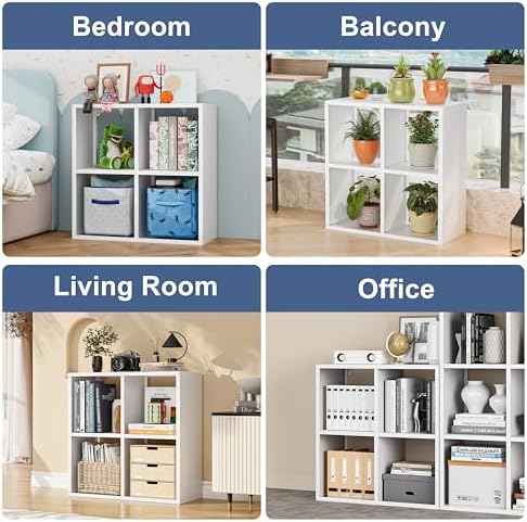 4 Cube Organizer Bookcase, Steel Open Shelf Storage Unit, Free Standing Organizer with 4 Corner Bumpers for Laundry Room, 41.7" H x 27.6" W x 11.8" D, White
