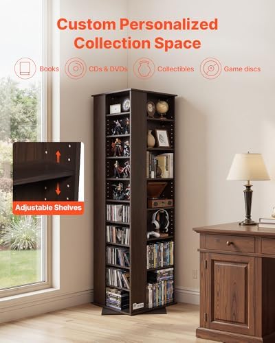 VEVOR Media Storage Cabinet, CD Rack Tower, 34 Compartments Rotating Media Tower Rack for CDs, DVDs, Books and Game Discs, DVD Stand for Living Room, Home Office and Recording Room, Brown