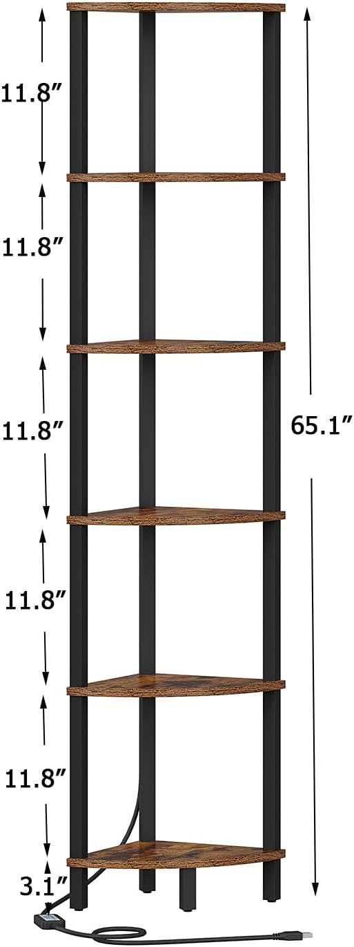 VIMBER 6-Tier Corner Shelf with LED Light, Industrial Corner Ladder Shelf, Rustic Display Shelf for Living Room, Bedroom, Kitchen, Home Office, Sturdy Frame, Rustic Brown and Black UJSJ002F