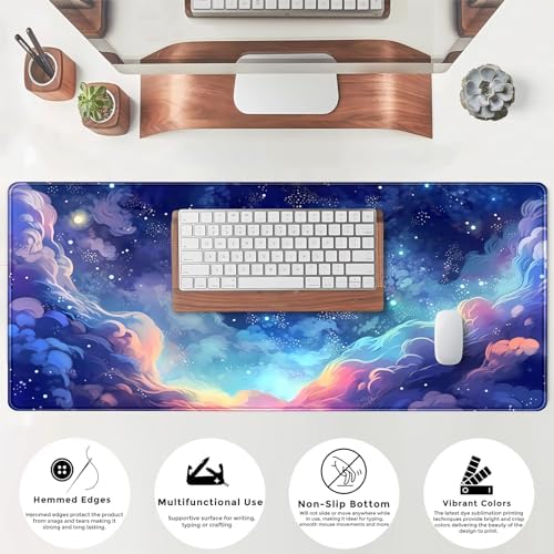 Pastel Anime Space Desk Mat Nebula View Cute Aesthetic Desk Pad Stars Galaxies Deep Dark Blue Cosmos Large Mouse Pad Extended Gaming Mousepad XL Laptop Keyboard Mouse Mat 31.5"x11.8"