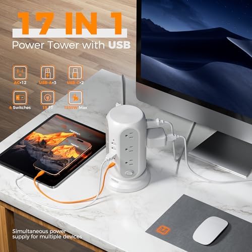 TESSAN Tower Power Strip Surge Protector, Flat Extension Cord 15 Ft, Grey