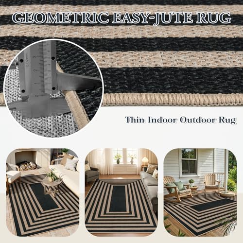 Lahome Modern Geometric Easy Jute Outdoor Rug, 5x7 Patio Living Room Rug