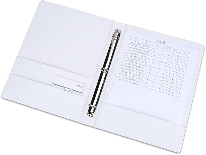KINGFOM A4 Faux Leather Padfolio Ring Binder Business File Folder Document Holder with Card Holder (3 Ring Binder White)