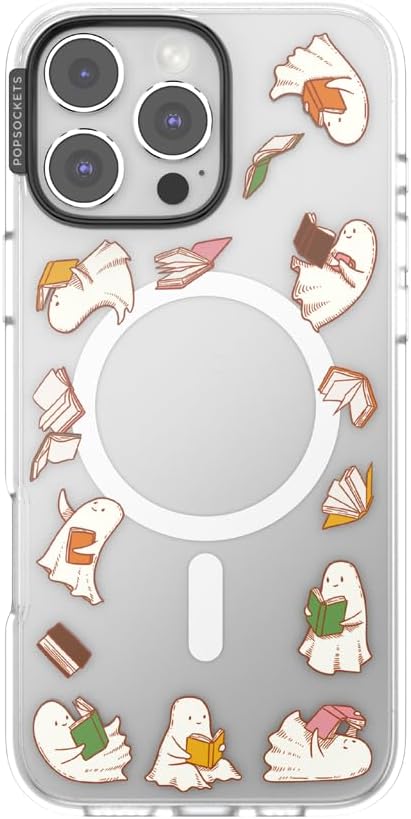 PopSockets iPhone 16 Pro Max Phone Case with MagSafe, Wireless Charging Compatible, Bookish - Spooky Book Club Clear