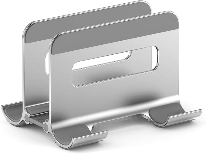 Aluminum Vertical Laptop Stand for Desk, Auto-Locking Adjustable Dock Holder with Dual Slots for Tablet & Phone, Space-Saving Upright Organizer Fits MacBook Pro/Air, Dell, HP, Chromebook (Silver)