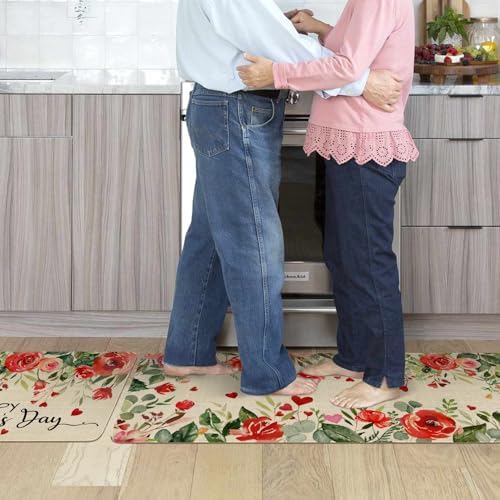Valentines Day Kitchen Mat Set 2 Piece,Floral Love Hearts Red Rose Flowers Decorative Kitchen Rugs,Valentine's Day Low-Profile Mats for Home Kitchen Decor 17"x48"+17"x30"