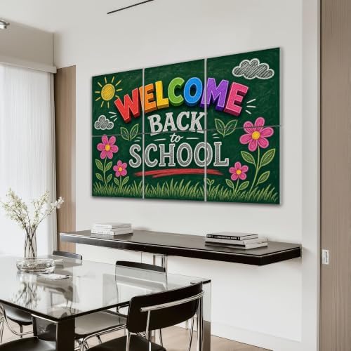 6 Pack Art Acoustic Panels Sound Absorbing Welcome Back to School Chalkboard Art Colorful Letters Floral Details Decorative Soundproof Wall Panels Self Adhesive for Home Recording Studios 72"x48"