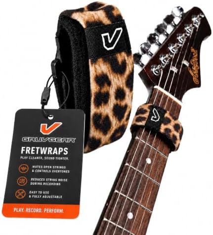 Gruv Gear Fret Wrap & Guitar Mute, Fretwrap for Acoustic, Electric & Bass | String Dampener Recording, Tapping & Practice Accessory (1 Pack, Medium Leopard, Fits 5 String Bass, 7 String Guitar)