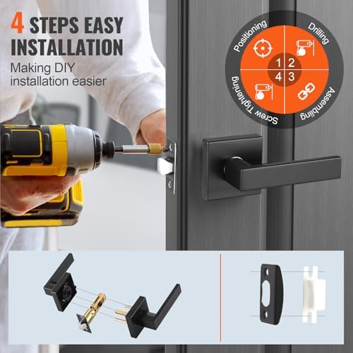 VEVOR Passage Door Handle, 6-Pack Matte Black Interior Door Lever, Left or Right Reversible Non-Locking Handle Lever, 45° Rotation to Open, Square Door Handles for Hallways, Closets, Meeting Spaces