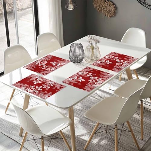 Red Christmas Placemats Set of 4, Floral Pine Leaf Xmas Balls Heat Resistant Washable Table Place Mats White Winter Holidays Cotton Table Linens Party Holiday Decor for Kitchen Dining Outdoor Indoor