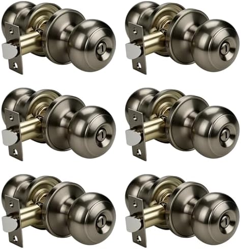 KNOBWELL 6 Pack Privacy Door Knob for Bathroom or Bedroom Door Knobs, Round Interior Door Knobs, Indoor Door Knob, Keyless Door Knob with Lock, Door Handle Lock, Antique Brass