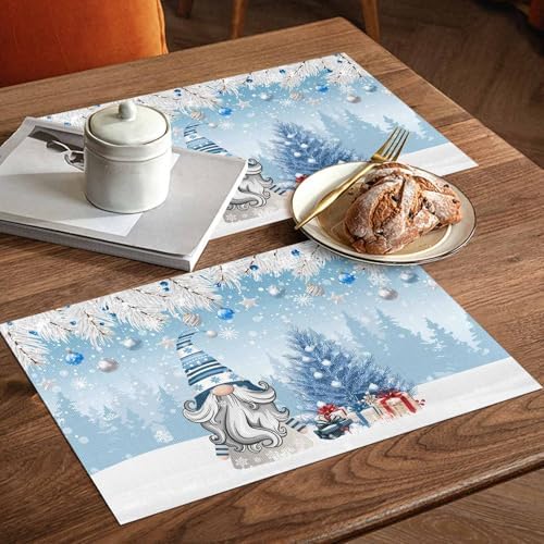 Christmas Gnome Placemats Set of 4, Winter Merry Christmas Tree Balls Heat Resistant Washable Table Place Mats Blue Cotton Table Linens Party Holiday Decor for Kitchen Dining Outdoor Indoor
