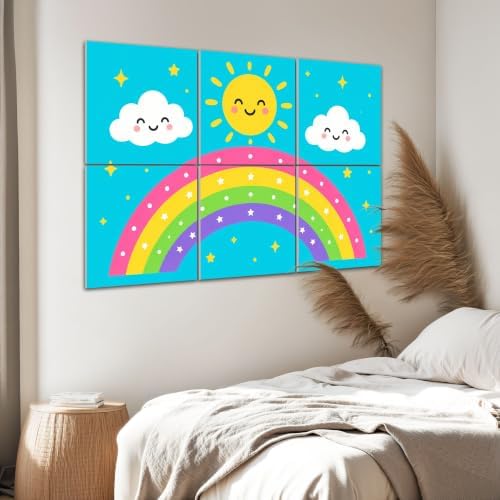 6 Pack Art Acoustic Panels Sound Absorbing Cute Rainbow Smiling Sun Clouds Stars Blue Decorative Soundproof Wall Panels Self Adhesive for Home Recording Studios 72"x48"