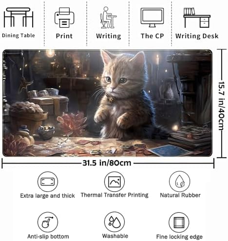 Lotus Cat XL Extended Large Gaming Mouse Pad - Black Magic Mystical Zone Gaming Desk Mat - Computer Laptop Keyboard and Mouse Mat Desktop Protector - 31.5 x 15.8 in