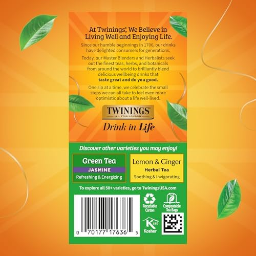 Twinings Pure Green Tea, Caffeinated, Tea Bags, 20 CT Box (6 Pack)
