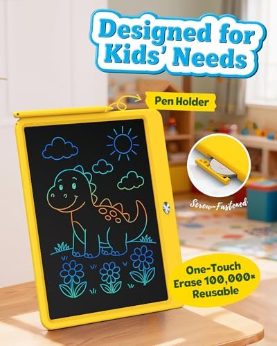 Bravokids 12 Inch LCD Writing Tablet for 3-8 Year Olds - Electronic Drawing Pad and Doodle Board as Educational Birthday Gifts for Girls and Boys (Yellow)