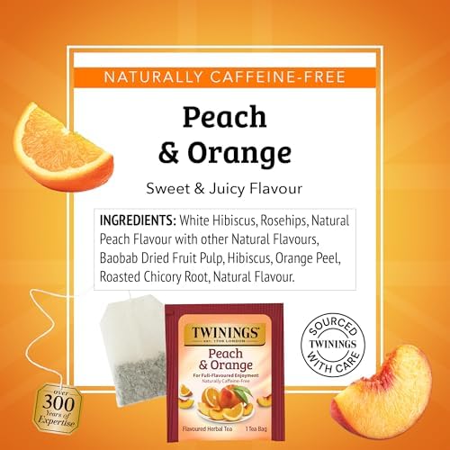 Twinings Peach & Orange Herbal Tea Individually Wrapped Bags, 20 Count (Pack of 6), Juicy & Fruity, Naturally Caffeine-Free, Enjoy Hot or Iced, 120 Teabags