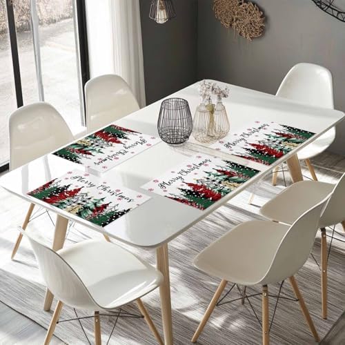 Merry Christmas Placemat 1PC, Red Green Plaid Pine Tree Heat Resistant Washable Table Place Mats White Snowy Forest Winter Cotton Table Linens Party Holiday Decor for Kitchen Dining Outdoor Indoor