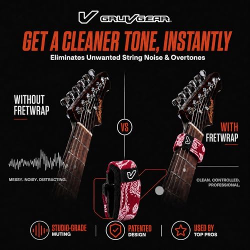 Gruv Gear Fret Wrap & Guitar Mute, Fretwrap for Acoustic, Electric & Bass | String Dampener Recording, Tapping & Practice Accessory (1 Pack, Medium Bandana Red, Fits 5 String Bass, 7 String Guitar)