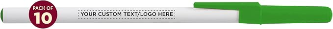 DISCOUNT PROMOS Custom Value Stick Pens Set of 10, Personalized Bulk Pack - Black Ink, Great for Office, School, Business, Tradeshows, Events - Green