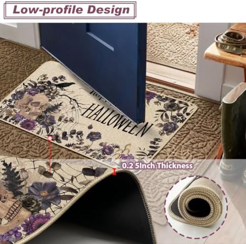 Baccessor Halloween Kitchen Mats Set of 2, Skull Gothic Purple Floral Kitchen Rugs for Floor Low-Profile Farmhouse Fall Halloween Party Home Decor 17x29 and 17x47 Inch