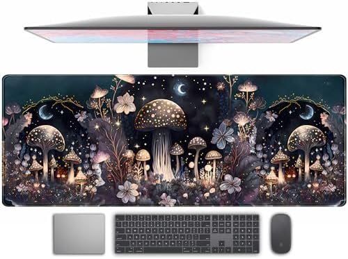 Teng DA Qing Cute Dark Mushroom Moon Night Mouse Pad XL Extended Gaming Mat with Stitched Edges, Computer Laptop Keyboard and Mouse Mat for Women Office Desk Decor, 31.5x11.8 in