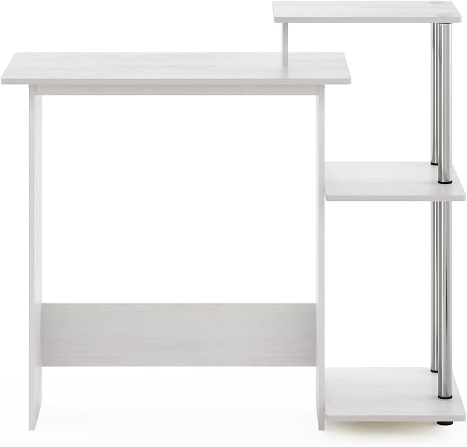 Furinno EFFICIENT Desk, 28.6" Wide Gaming Desk with 3 Open Side Shelves, Laptop Notebook Computer Desk, Office Desk for Home Office, Study Room, Dorm, Bedroom, White Oak/Stainless Steel