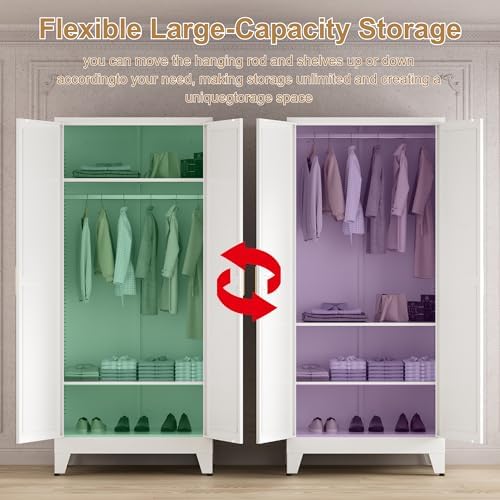 Washsemba 71'' Farmhouse Metal Wardrobe Cabinet with Hanging Rod, 2 Barn Door Wardrobe Closet with 2 Adjustable Shelves,for Dining Room,Bedroom,Living Room, Cloak Room,Office (White)