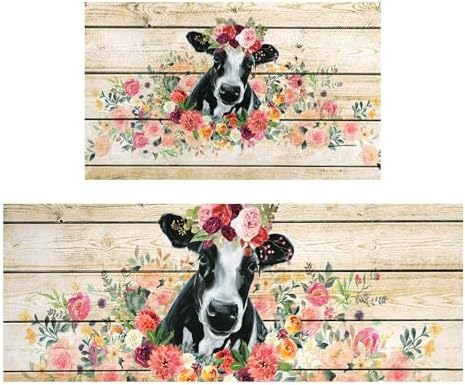 Cow Kitchen Rugs and Mats for Floor 2 Piece Sets, Wood Grain Floral Floor Mat for Kitchen, Farmhouse Cow Kitchen Mat in Front of Sink for Standing for Country Kitchen Decor 17"X30"+17"X47"