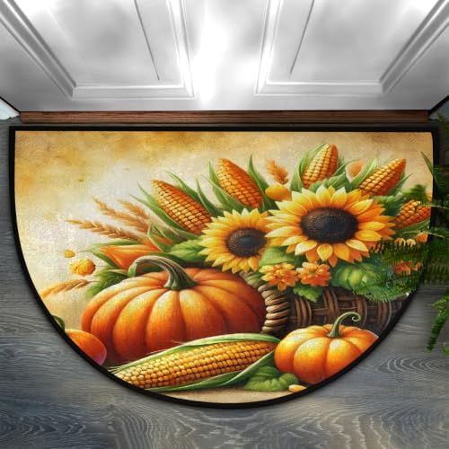 Sunflower Pumpkin Half Round Door Mat Non Slip Washable Semi Circle Area Rug Absorbent Soft Half Moon Rug Floor Mat for Indoor Outdoor Kitchen Bathroom Patio Front Door Mat Decor