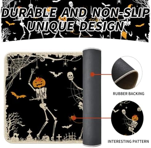 Halloween Kitchen Mat Decor, Skeleton Black Halloween Kitchen Rugs Set of 2