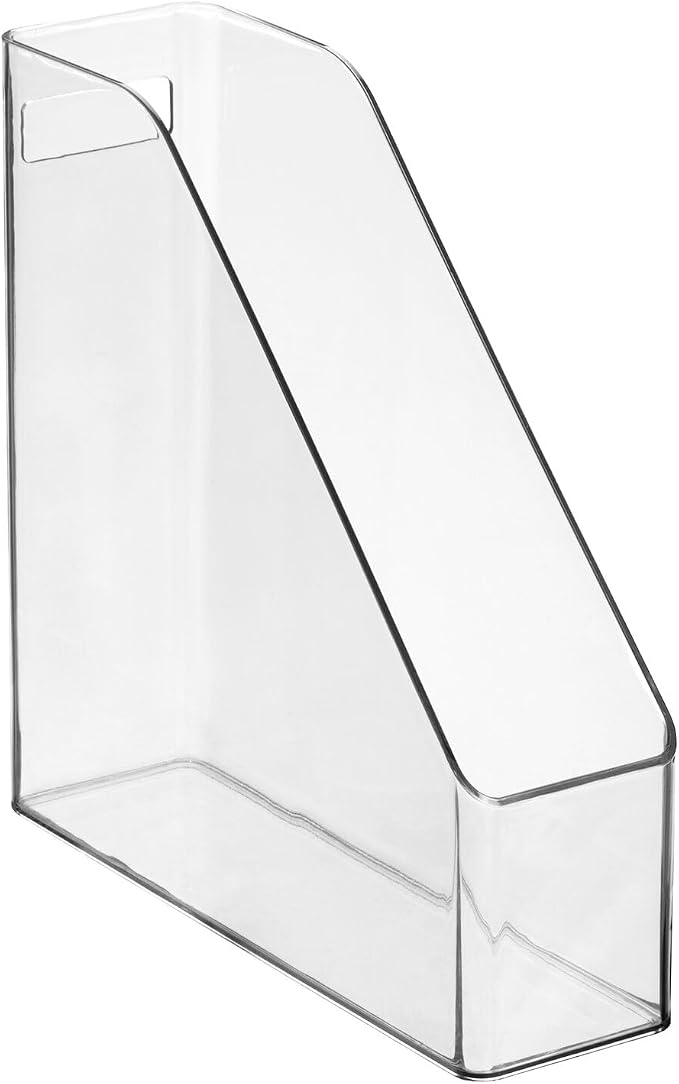 mDesign Plastic Slim Vertical File Folder Storage Organizer Bin with Handle - Hold Notebooks, Binders, Envelopes, Magazines for Home Office, Work Desktops, Ligne Collection, 2 Pack, Clear
