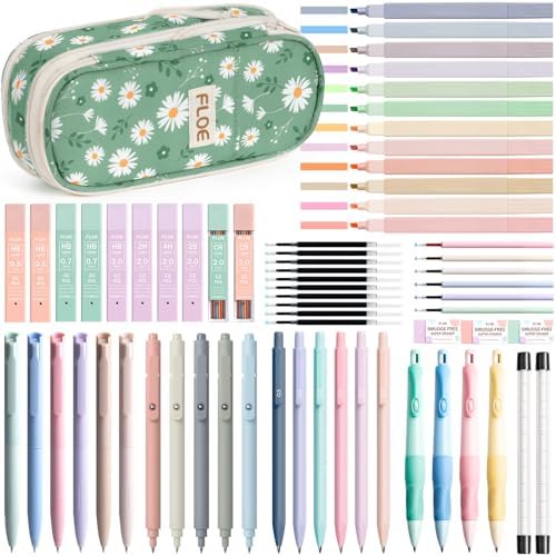 65PCS Aesthetic School Supplies Back to School Supplies Cute Stationary Set | College Essentials Kit with Pencil Case, Pastel Highlighters Gel Pens Mechanical Pencil Set 0.5 0.7 & 2.0mm for Student Girls