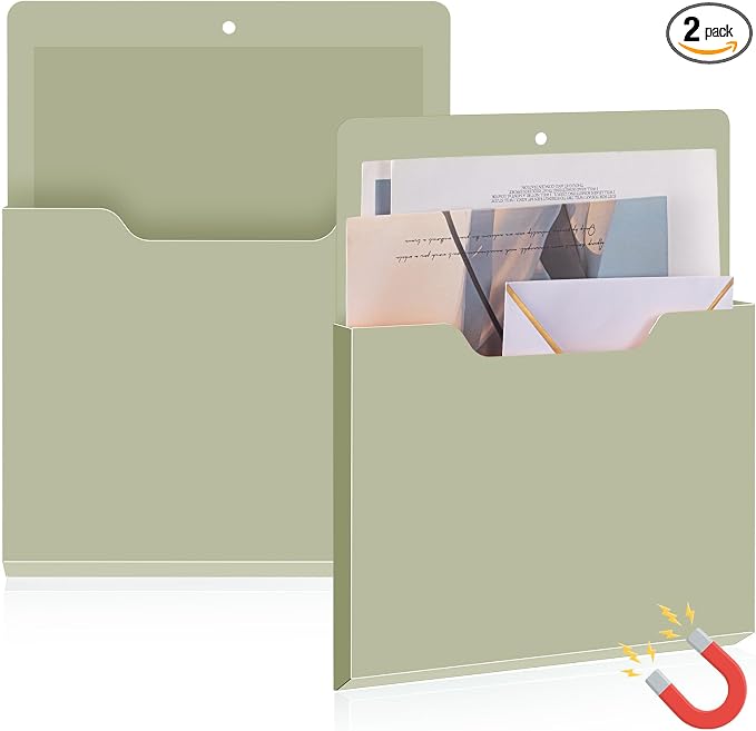 Feifeiya 2 Pcs Magnetic File Folder Wall Hanging Holder Large Pocket Paper Magazine Mail Organizer for Refrigerator Classroom Locker Whiteboard(Vertical,Sage Green,12.2 x 9.4 Inches)