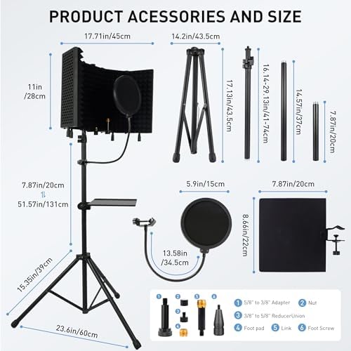 5-Sided Isolation Shield Microphone Stand with Pop Filter