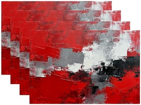 Batmerry Abstract Oil Painting Linen Placemats Set of 4, Art Red Grey Scarlet Modern Artwork Washable Table Mats for Kitchen Table Thickened Heat Insulation Dining Set Indoor Outdoor 12X18 in