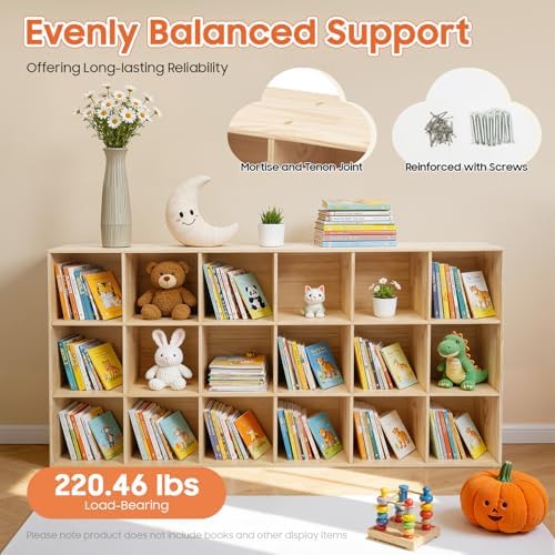 18 Cube Storage Organizer - Solid Wood Bookshelf - Cube Shelf - Vertical or Horizontal Bookcase - Open Book Shelf - Easy Assembly for Bedroom, Living Room, Office