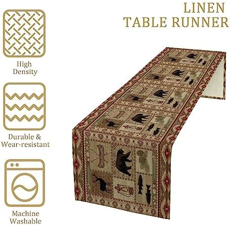 Vintage Rustic Cabin Bear Table Runner,Cottage Country Style Pine Tree Elk Wildlife Dinner Runner for Home Kitchen Dining Table Decoration 13"x120"
