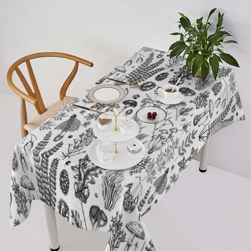 Vintage Mushroom Tablecloth, Black White Nature Forest Fern Leaves Autumn Plants Botanical Print Table Cover for Home Dining Decor Kitchen Party Outdoor 60x90in