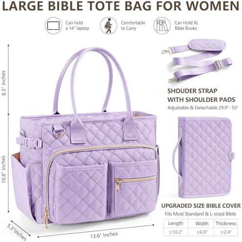 Large Bible Bag with Bible Cover Case for Women, Quilted Church Tote Bag