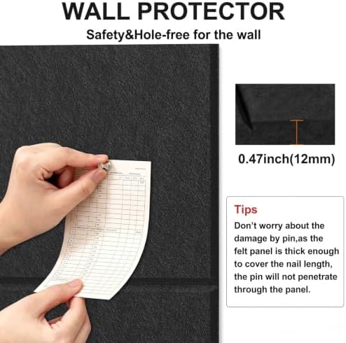 Felt Wall Tiles Bulletin Board Large Cork Board Alternative 12 Pack 11.81”x11.81”x0.47” Felt Pin Board Tack Board with Safe Removable Adhesive Tabs for Home Office School 48x36(Black)