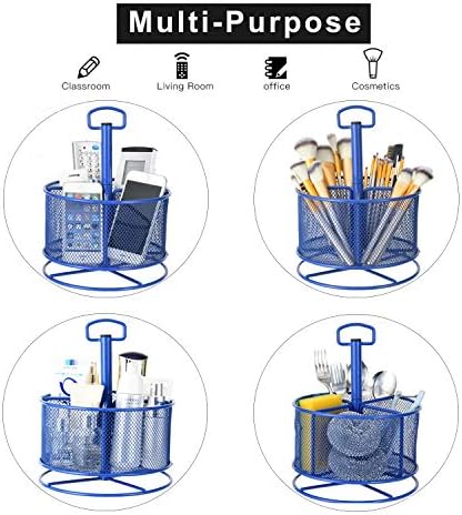 Marbrasse Mesh Desk Organizer, 360-Degree Rotating Multi-Functional Pen Holder, 4 Compartments Desktop Stationary Organizer, Home Office Art Supply Storage Box Caddy (Blue)