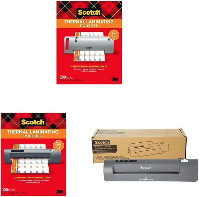 Scotch Thermal Laminating Pouches, 200- Count, 8.9 x 11.4'' & Thermal Laminating Pouches, 100 Count-Pack & Thermal Laminator, 2 Roller System(TL901X)